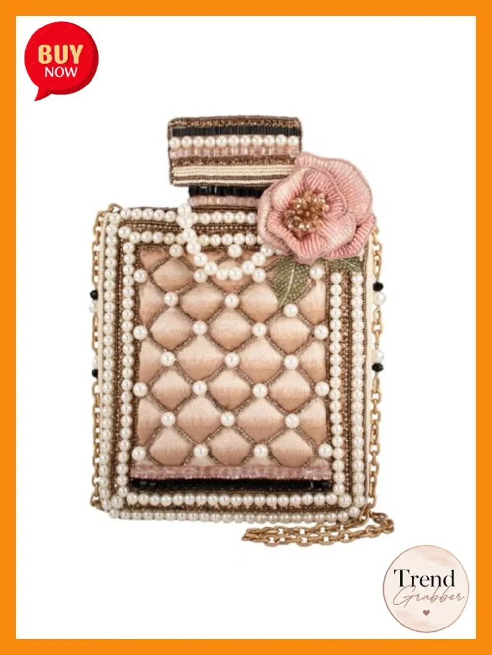 Hand Beaded Pearl Essence Perfume Bottle Crossbody Clutch with Removable Chain
